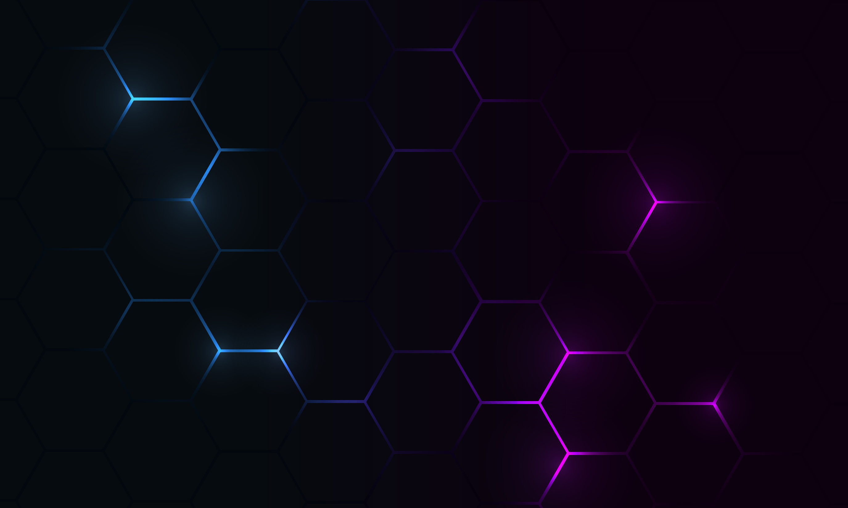 Dark hexagon abstract technology background with blue and pink colored bright flashes.